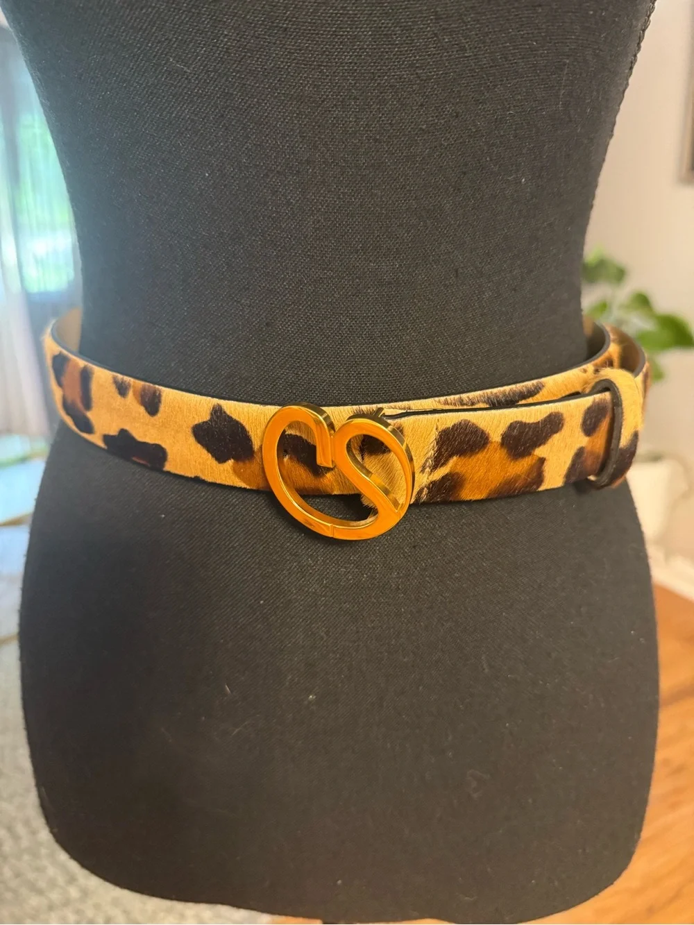St. John Knits Narrow Leopard Print Calf Hair Belt with Gold Buckle sz S